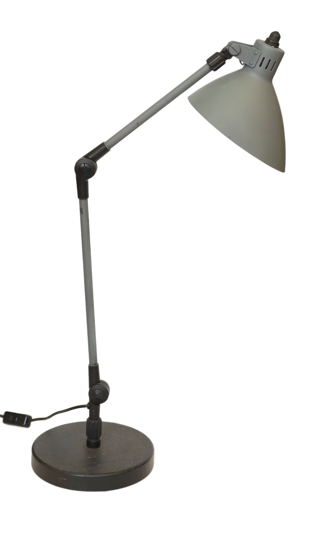 A 1950s Swiss enamelled and painted metal anglepoise lamp, height 56cm to the bend